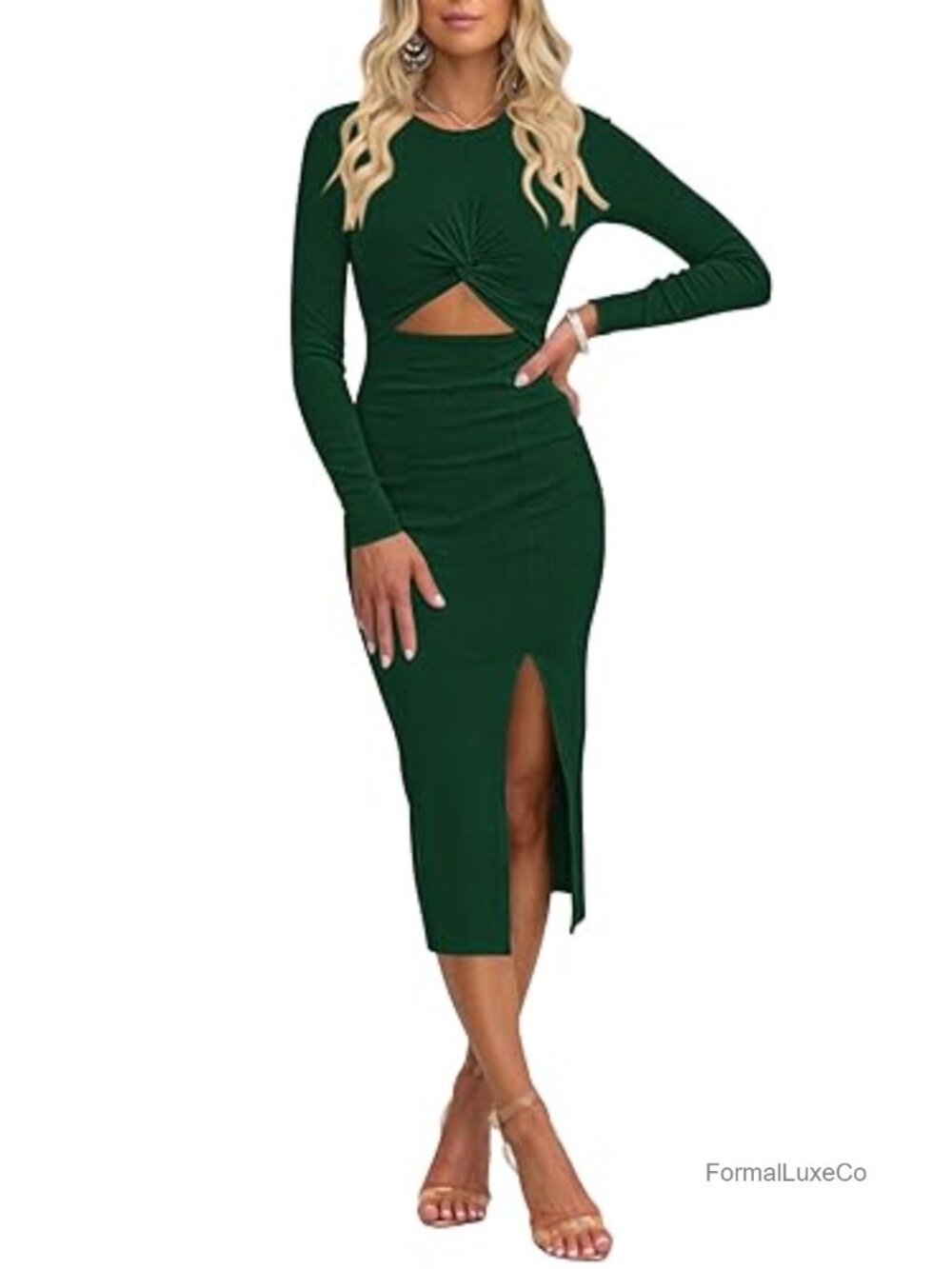 Women's Knit Bodycon Midi Dress with Cutout & Twist Front